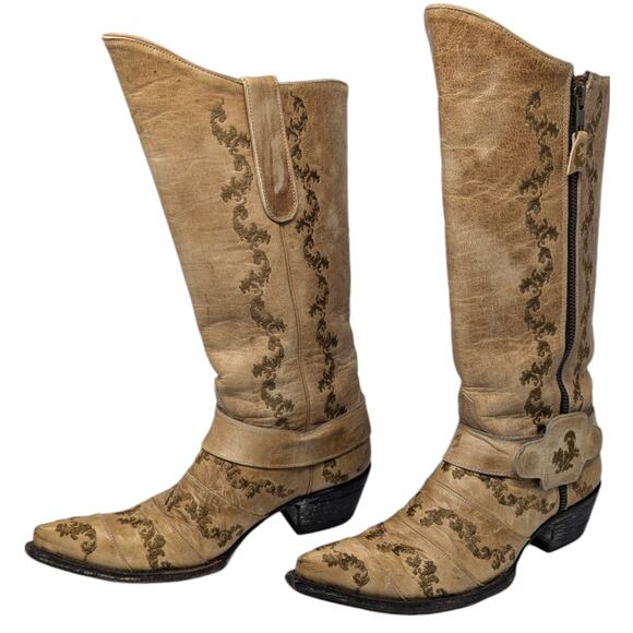 Old Gringo 7B Tan Leather Western Boots Embroidered Fleur de Lis Distressed - Picture 2 of 8
